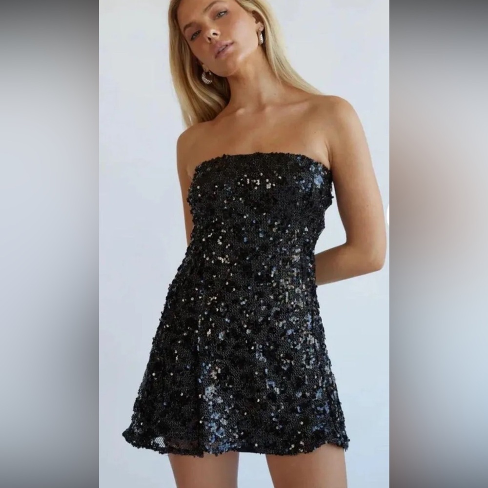 American Threads Black Strapless Sequin Cocktail … - image 1